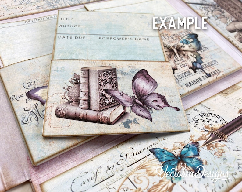 May include: A vintage style bookplate with a stack of books, a butterfly, and the text "RETURN DATE", "TITLE", "AUTHOR", "DATE DUE", and "BORROWER'S NAME".