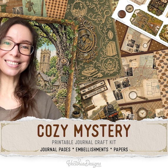 Cozy Mystery Junk Journal Kit - Printable Pages, Papers and Embellishments for Crafting - 004090