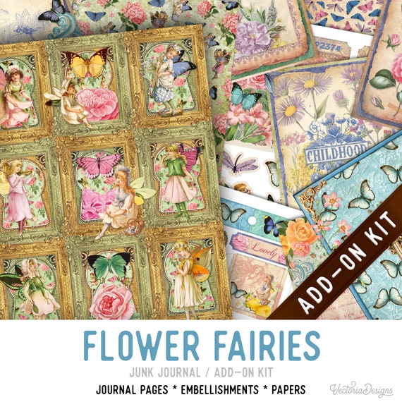 Flower Fairies Junk Journal Kit ADD-ON, Printable Craft kit with Journal Pages, Embellishments and Papers - 003392