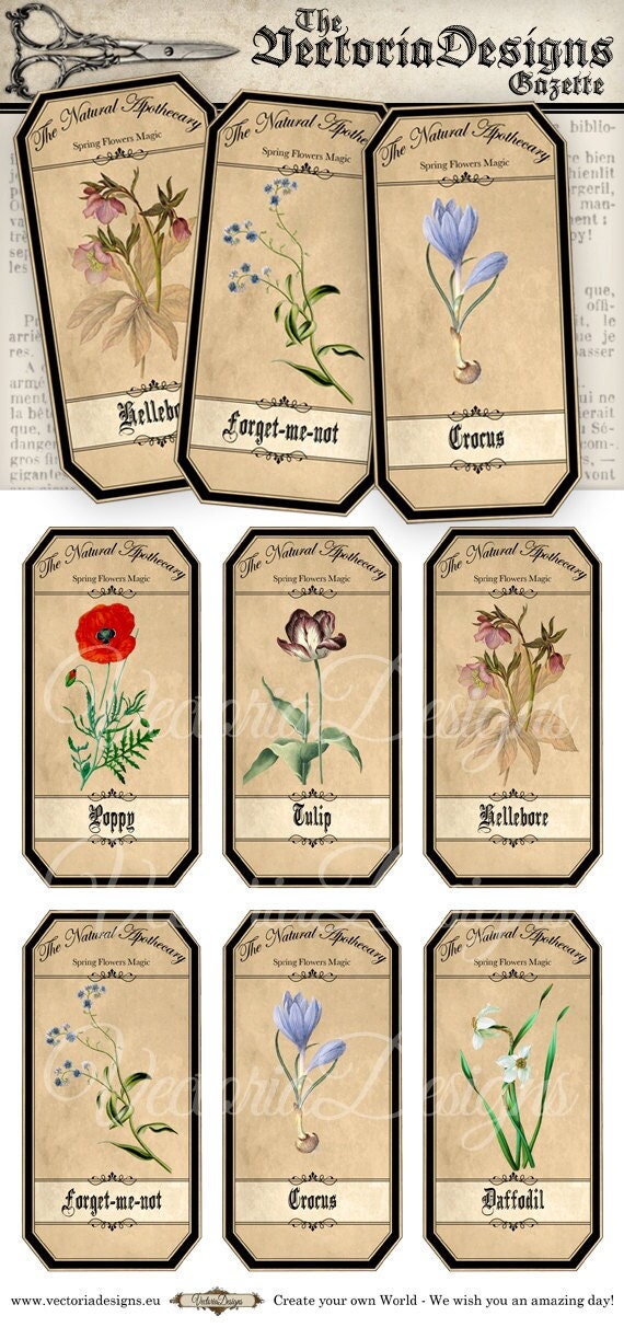 Spring Flowers Apothecary Labels Printable, Vintage Style (Digital Download) - 000721