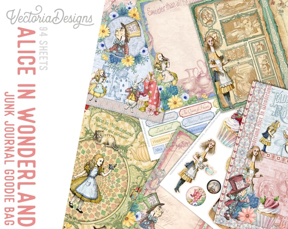Alice in Wonderland Junk Journal Kit: 94 Printable Sheets (Digital Download) - 002546