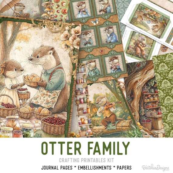 Otter Family Junk Journal Kit (Standard) - Printable Pages, Papers and Embellishments for Crafting - 003880