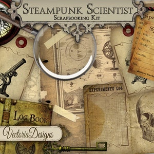 Steampunk Scientist Junk Journal, Digital Scrapbooking Kit, Vintage Journaling, Dark Academia Printable Scrapbooking Paper, Download 000546