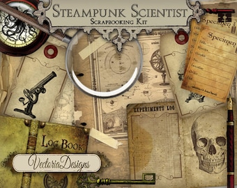 Steampunk Scientist Junk Journal, Digital Scrapbooking Kit, Vintage Journaling, Dark Academia Printable Scrapbooking Paper, Download 000546