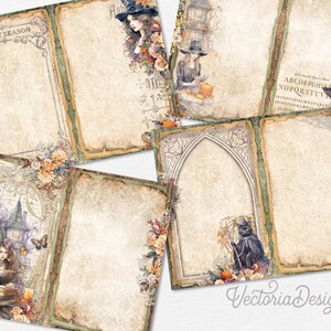 May include: Six printable digital papers with a vintage Halloween theme. The papers feature illustrations of witches, cats, pumpkins, and flowers. The papers are in shades of brown, green, and orange.