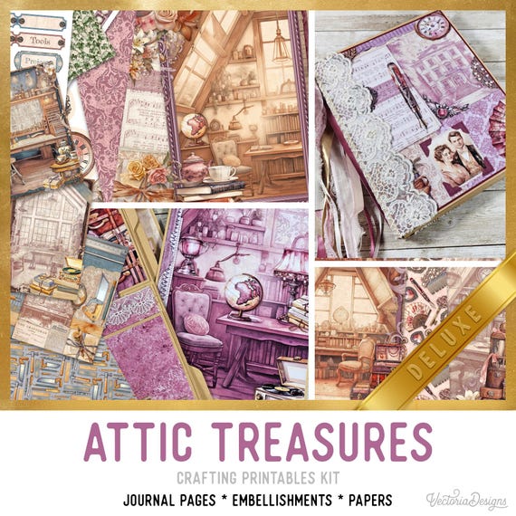 Attic Treasures Junk Journal Kit DELUXE for Memories - Printable Pages, Papers and Embellishments for Crafting - 003874