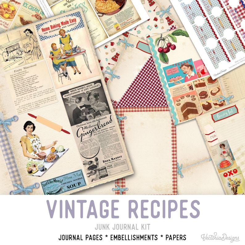 May include: Vintage recipe junk journal kit with pages, embellishments, and papers. The kit features images of vintage recipes, advertisements, and illustrations. The kit is perfect for scrapbooking, journaling, and crafting.