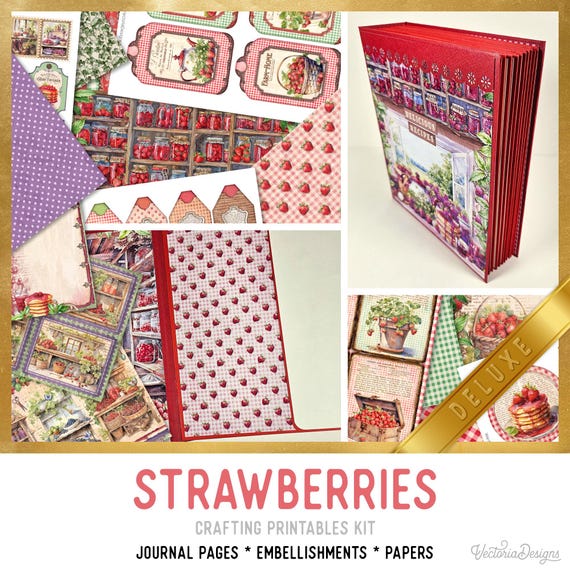 Strawberries Junk Journal Kit DELUXE - Printable Pages, Papers and Embellishments - 003774