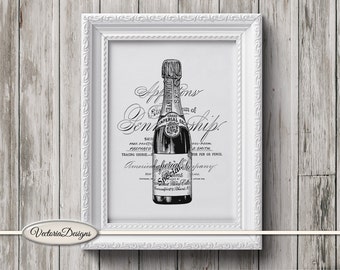 Champagne Monochrome Illustration, Black And White Champagne Art, Digital Sketch For Framing Monochrome Wall Painting Print And Frame 000881