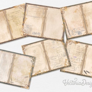 Peut inclure: Six pages de papier de style vintage avec des bordures orn&eacute;es et du texte estomp&eacute;. Les pages sont vierges et pr&ecirc;tes pour la tenue d'un journal, le scrapbooking ou d'autres projets cr&eacute;atifs.