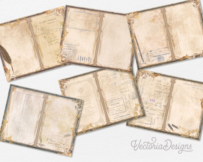 Peut inclure: Six pages de papier de style vintage avec des bordures orn&eacute;es et du texte estomp&eacute;. Les pages sont vierges et pr&ecirc;tes pour la tenue d'un journal, le scrapbooking ou d'autres projets cr&eacute;atifs.