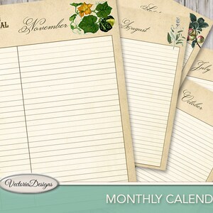 Pu&ograve; includere: Un set di calendari mensili stampabili con illustrazioni botaniche vintage. Ogni pagina del calendario presenta un diverso disegno floreale e il nome del mese stampato in alto. Sono visibili anche i testi "GARDEN JOURNAL" e "Victoria Designs".