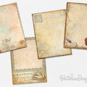 May include: Four vintage style paper backgrounds with distressed edges. The papers have a cream color with brown and blue accents. One paper has a lavender sprig and a red wax seal. Another paper has the text "POST CARD" and a hand holding a pen. The papers are perfect for scrapbooking, journaling, or crafting.
