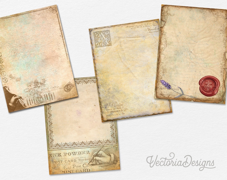 May include: Four vintage style paper backgrounds with distressed edges. The papers have a cream color with brown and blue accents. One paper has a lavender sprig and a red wax seal. Another paper has the text "POST CARD" and a hand holding a pen. The papers are perfect for scrapbooking, journaling, or crafting.