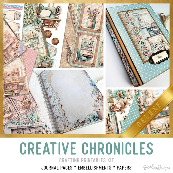 Creative Chronicles Junk Journal Kit DELUXE - Printable Pages, Papers and Embellishments for Crafting - 003643
