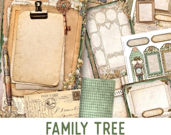 May include: A collection of vintage-style scrapbook supplies. The image features aged paper, decorative frames, a key, a pen, and a clipboard. The text "Family Tree" is prominently displayed, along with "Junk Journal Kit" and other text. The color palette includes beige, green, and gold.