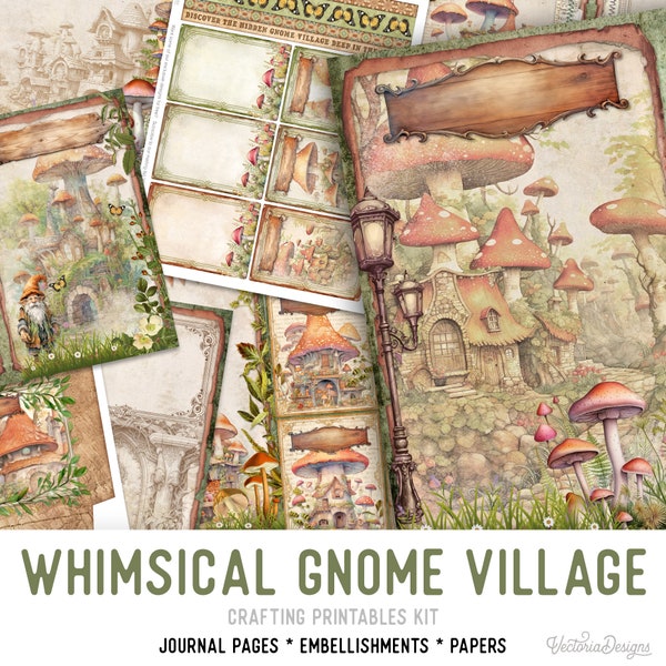 Gnome Village Junk Journal Kit, Whimsical - Printable Pages for Crafting - 003151