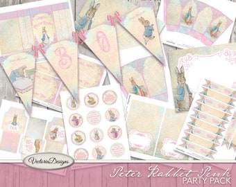 Peter Rabbit Party Pack Pink Printable party decor Beatrix Potter diy paper crafting instant download digital collage sheet - 001962