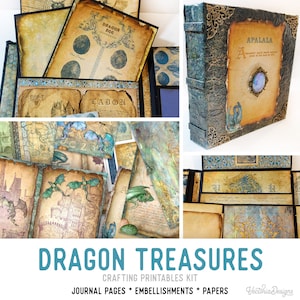 Dragon Treasure Journal, Dragon Paper Crafting, Printable Dragon Paper Kit, Dragon Ephemera, Vintage Dragon Embellishments, Sheets  002305