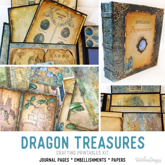 Dragon Treasure Junk Journal Kit - Printable Pages, Papers and Embellishments for Crafting - 002305