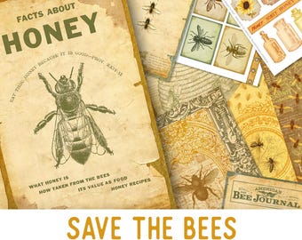 Save The Bees printable paper crafting kit and bee embellishments. Vintage journaling supplies 002315