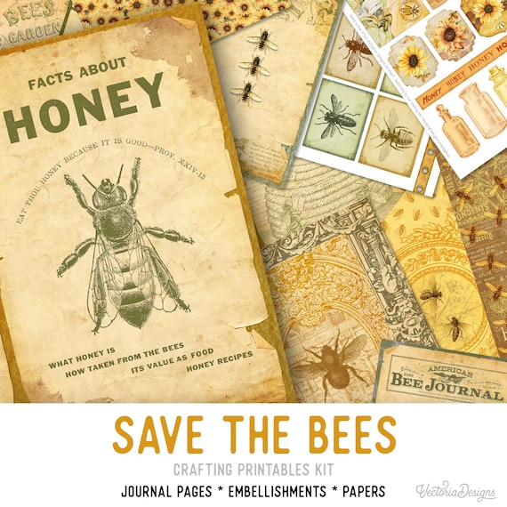 Save The Bees Junk Journal Kit - Printable Pages, Papers and Embellishments for Crafting - 002315
