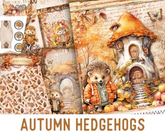 Autumn Hedgehog Junk Journal Kit, Printable Pages for Crafting - 003387