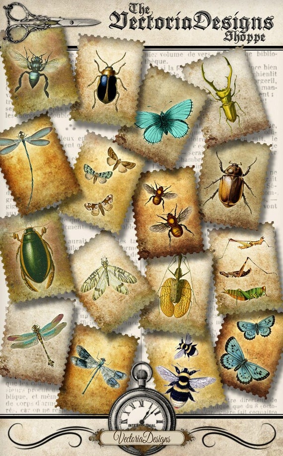Bugs postage stamps printable letters hobby crafting scrapbooking digital instant download printable collage sheet - 001251
