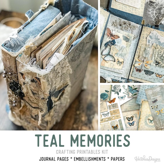 Teal Memories Junk Journal Kit - Printable Pages, Papers and Embellishments for Crafting - 002320