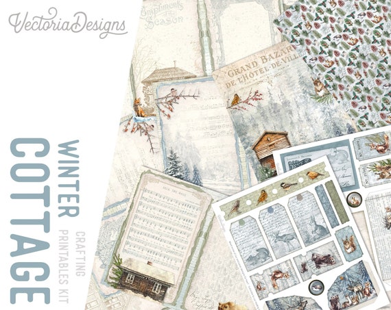 Winter Cottage Junk Journal Kit (Standard) - Printable Pages, Papers and Embellishments for Crafting - 002353