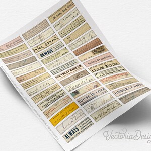 Puede incluir: Una hoja de ef&iacute;meras de estilo vintage con varios textos y gr&aacute;ficos. La hoja incluye frases como "Cuidado", "The Toilet Mask Co.", "Est&aacute;s enamorado", y "Siempre".