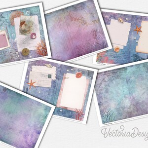 May include: A set of six digital scrapbook paper designs featuring a vintage ocean theme with coral, seashells, pearls, and a mermaid. The papers have a distressed, textured look with a blue and purple color scheme.