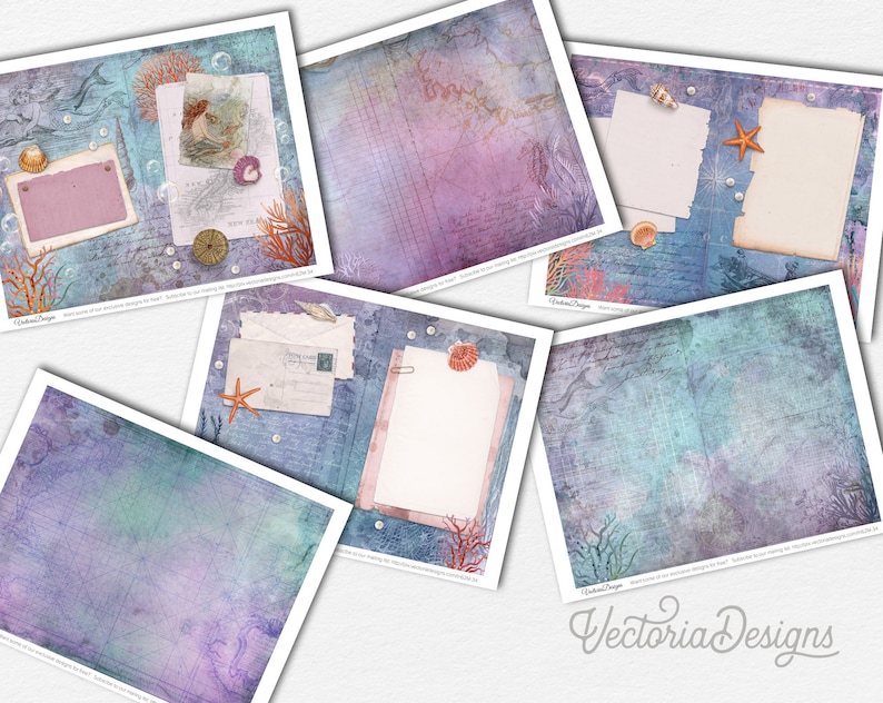 May include: A set of six digital scrapbook paper designs featuring a vintage ocean theme with coral, seashells, pearls, and a mermaid. The papers have a distressed, textured look with a blue and purple color scheme.