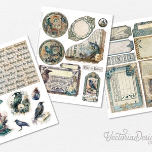 May include: A set of digital collage sheets featuring a gothic theme with ravens, clocks, and vintage text. The sheets are perfect for scrapbooking, card making, and other paper crafts.