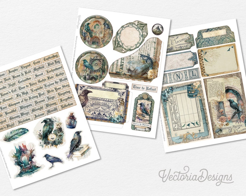 May include: A set of digital collage sheets featuring a gothic theme with ravens, clocks, and vintage text. The sheets are perfect for scrapbooking, card making, and other paper crafts.