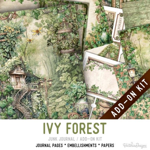 Ivy Forest Junk Journal Kit, Printable Pages Embellishments Papers (Add-On) - 003759