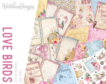 Love Birds Crafting Printables Kit, Vintage Birds, Birds Junk Journal, Birds Printable, Scrapbooking, Valentine's Day, Craft Kit - 002435