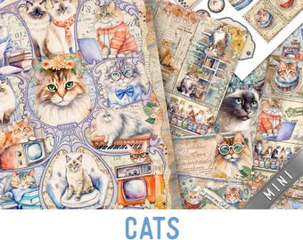 Cats Junk journal Kit MINI Large, Crafting Printables Kit Junk Journal Cats Embellishments Cat Paper Pack Cats Craft Kits Cat Journal 003078