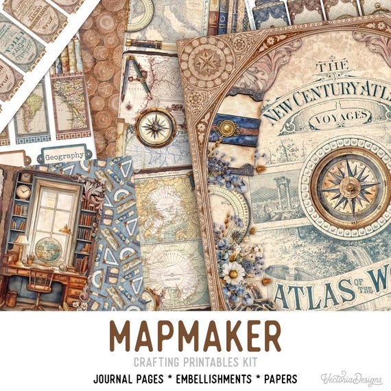 Mapmaker Junk Journal Kit (Standard - Printable Pages, Papers and Embellishments for Crafting - 003747