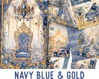 Navy Blue and Gold Junk Journal Kit, Blue Gold Crafting Printables Kit Blue Embellishments Gold Printable Paper Craft Kit Navy Blue 003364