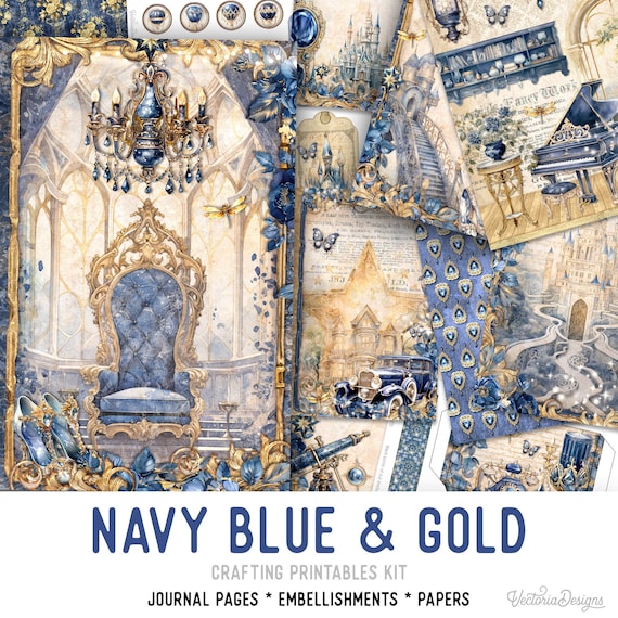Navy Blue and Gold Junk Journal Kit (Standard) - Printable Pages, Papers and Embellishments for Crafting - 003364