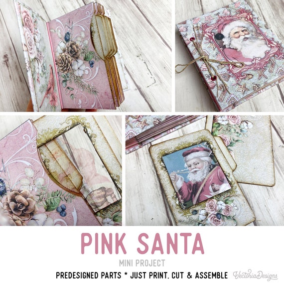 Pink Santa Mini Album Craft Kit: Printable Christmas Booklet Specimen Holder - 003170