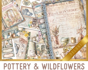 Pottery & Wildflowers Junk Journal Kit DELUXE - Printable Pages, Papers and Embellishments for Crafting - 003144