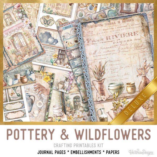 Pottery & Wildflowers Junk Journal Kit DELUXE Pottery Crafting Printables Kit Wildflowers Embellishments Printable Paper Craft Kits 003144