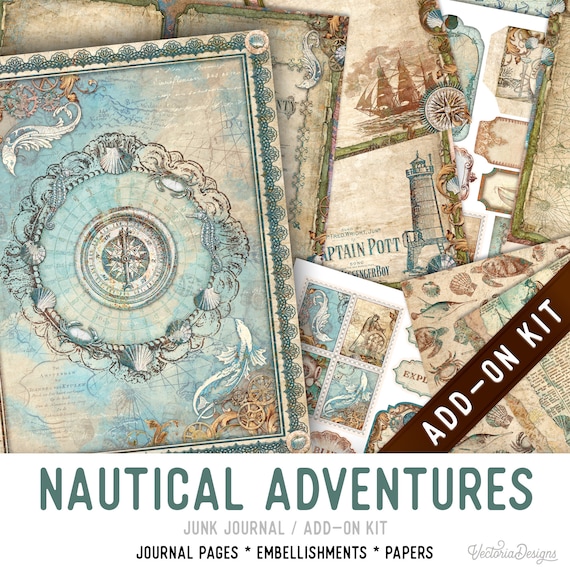 Nautical Adventures Junk Journal Kit ADD-ON, Printable Craft kit with Journal Pages, Embellishments and Papers - 003309