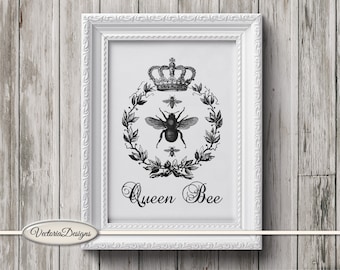 Queen Bee print afdrukbare kunst zwart-wit print digitale print afdrukbare instant download digitale collage blad - 000907