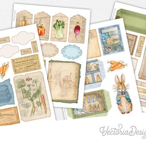 Peter Rabbits Embellishment Sheets, Rabbit Junk Journal Adventures Pack, Digital Journal Sheets, Printable Ephemera, Journal Supplies 02424