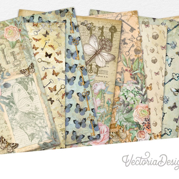 Keys & Butterflies Paper Pack, Decorative Paper Pack, Printable Paper Pack, Digital Paper Pack, Insect Paper Pack, Instant Download 002182