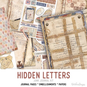 Hidden Letters Junk Journal Kit Printable Junk Journal Kit Letters Embellishments Secret Junk Journal Papers Craft kit Letters 003045