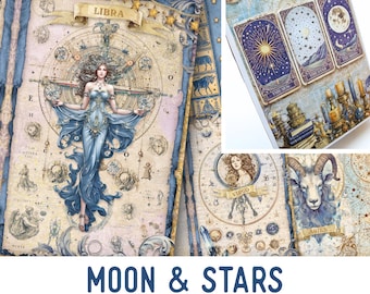 Moon & Stars Junk Journal Kit, Zodiac Crafting Printables Kit Crafting Celestial Embellishments Printable Crafts Paper Craft Tutorial 003515